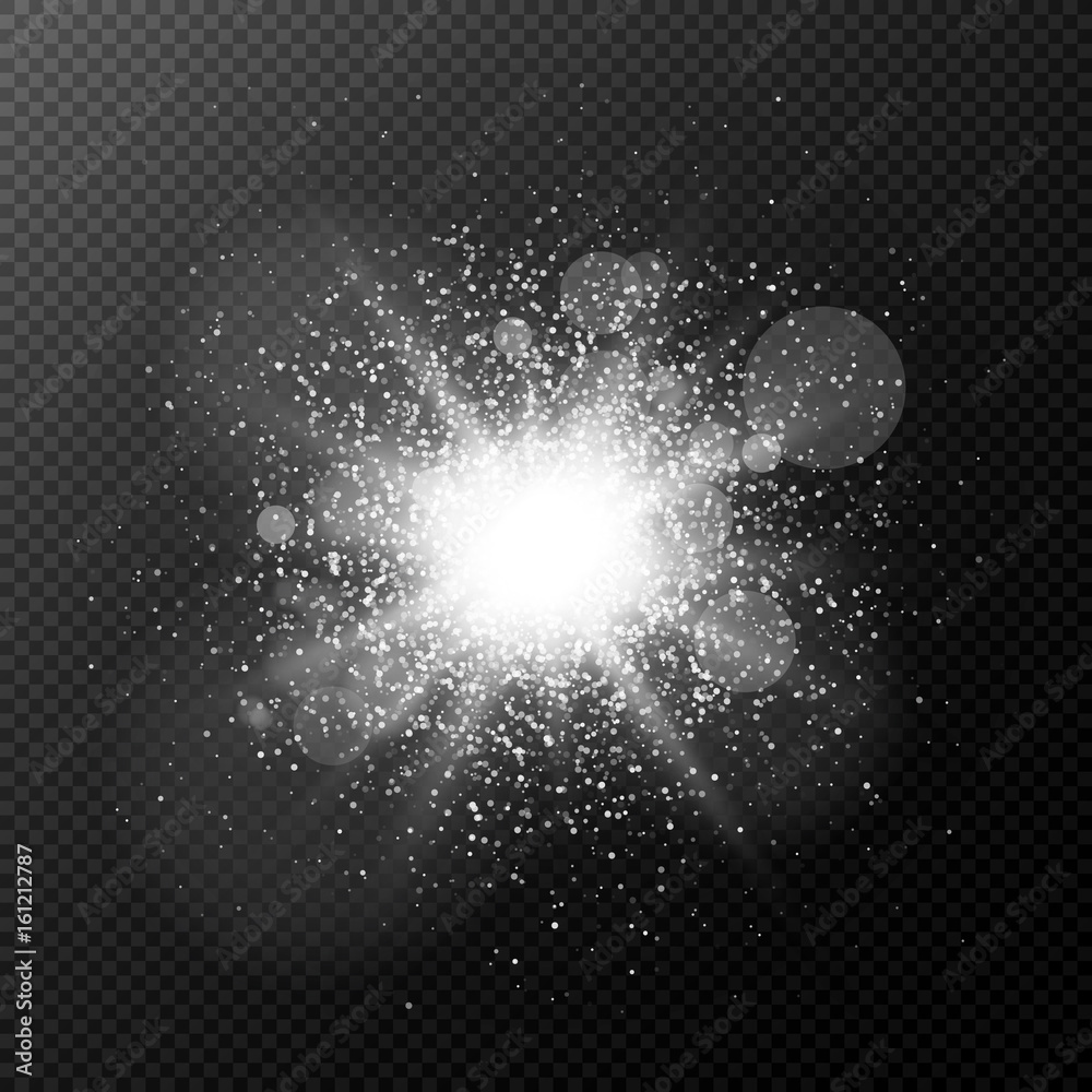 A bright white flash with magical dust is isolated on a transparent