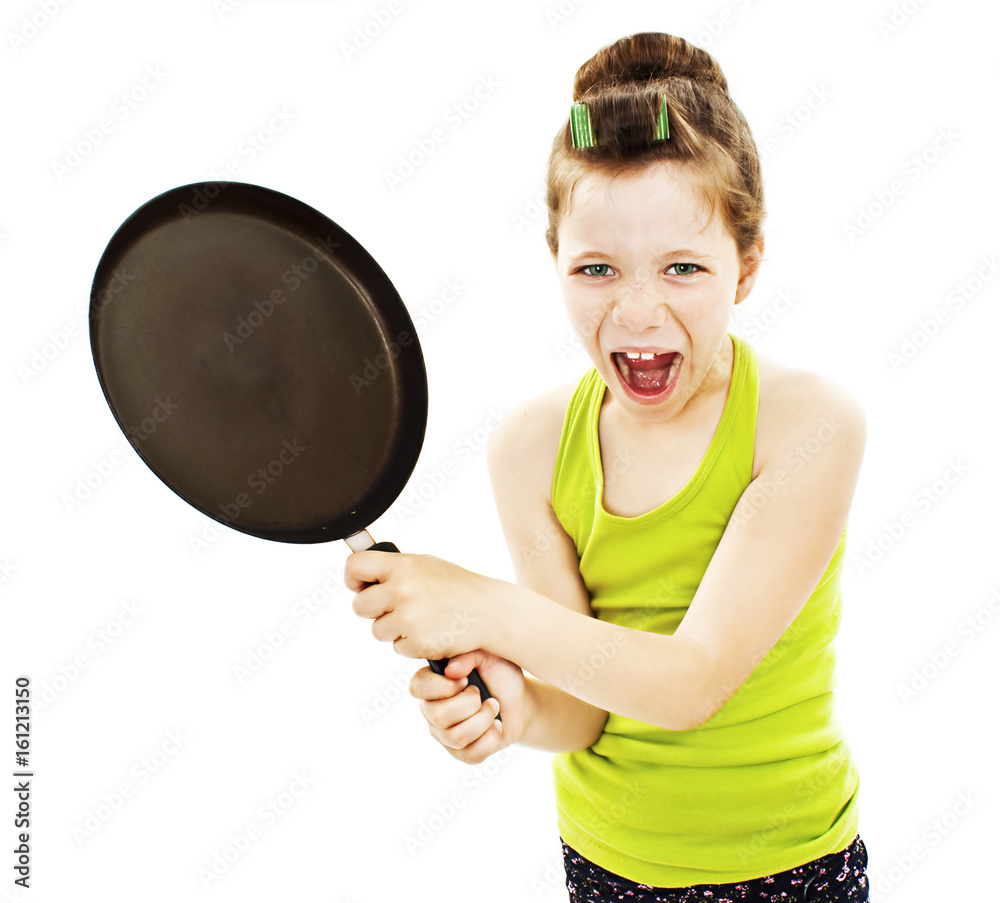 Crazy little housewife with pan. Isolated on a white background Crazy little housewife with pan. Isolated on a white background