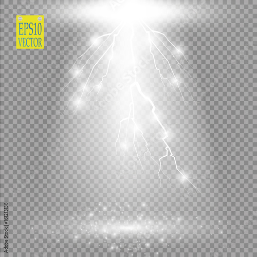 Vector white transparent energy spotlight scene with lightning background. Abstract light effect power modern design