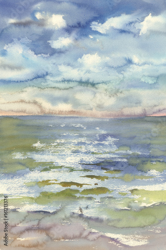 watercolor sea waves and clouds hand drawn illustration