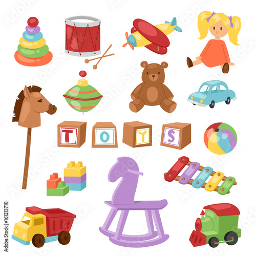 Set of different cartoon vector kids toys collection isolated on white background playfull children stuff