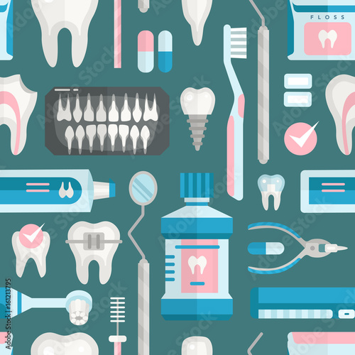 Health care dentist medical tools medicine instrument stomatology icons implantation clinic vector seamless pattern background .