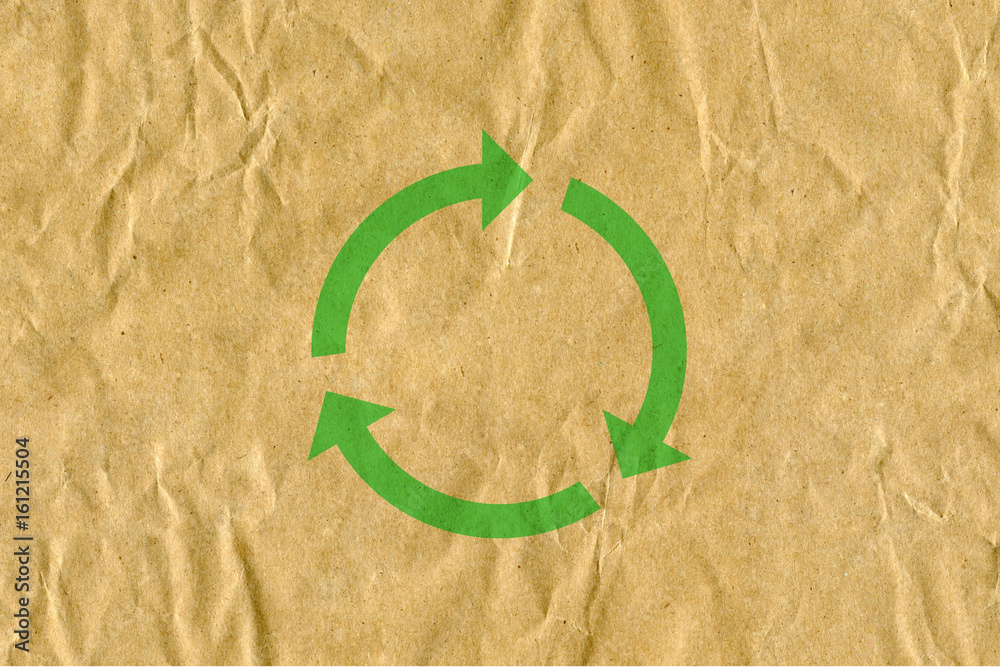 symbol for refuse reuse recycle with cardboard background - obrazy, fototapety, plakaty 
