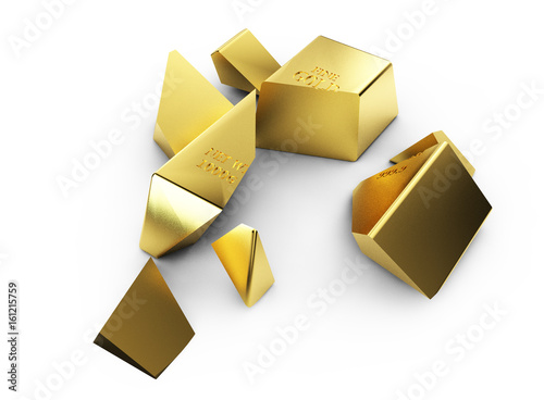 Large stack of gold bars demolished with a wrecking ball. 3d render