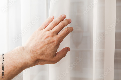 Male hand opens soft white tulle on window