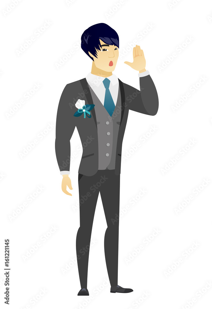 Asian groom calling for help.