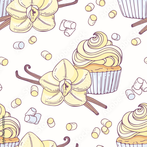 Hand drawn seamless pattern with vanilla cupcake and doodle buttercream for pastry shop menu