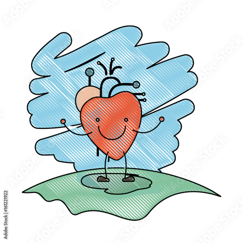 color crayon scene in grass with silhouette caricature happy face heart system human body vector illustration