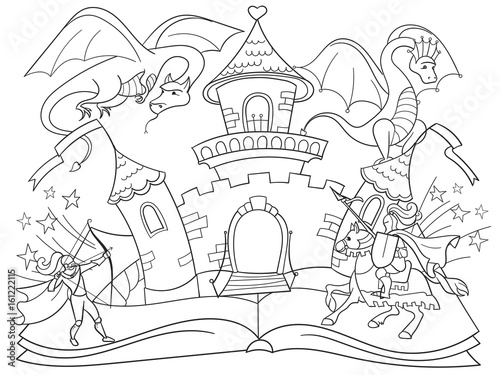 Coloring fairy open book tale concept kids illustration with evil dragon, brave warrior and magic castle.