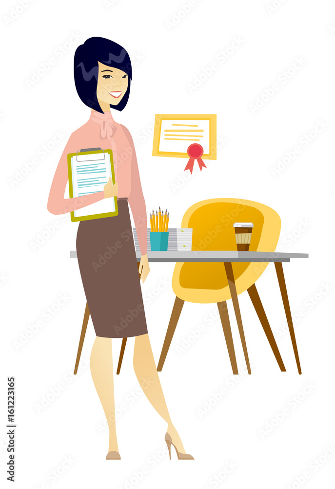 Business woman holding clipboard with documents.