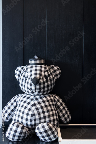 Teddy bear black white color on black background.