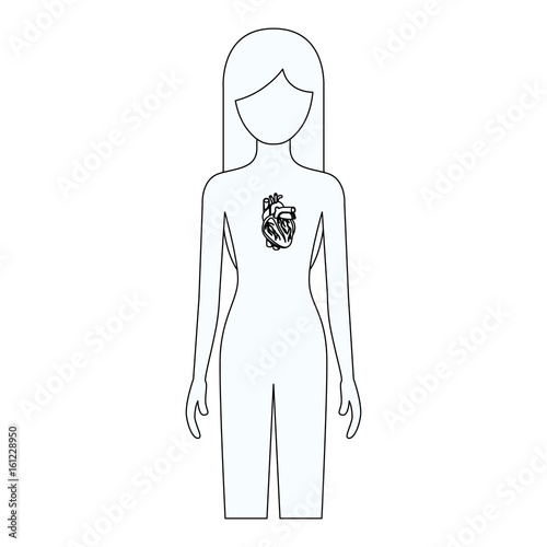sketch silhouette of female person with heart system human body vector illustration