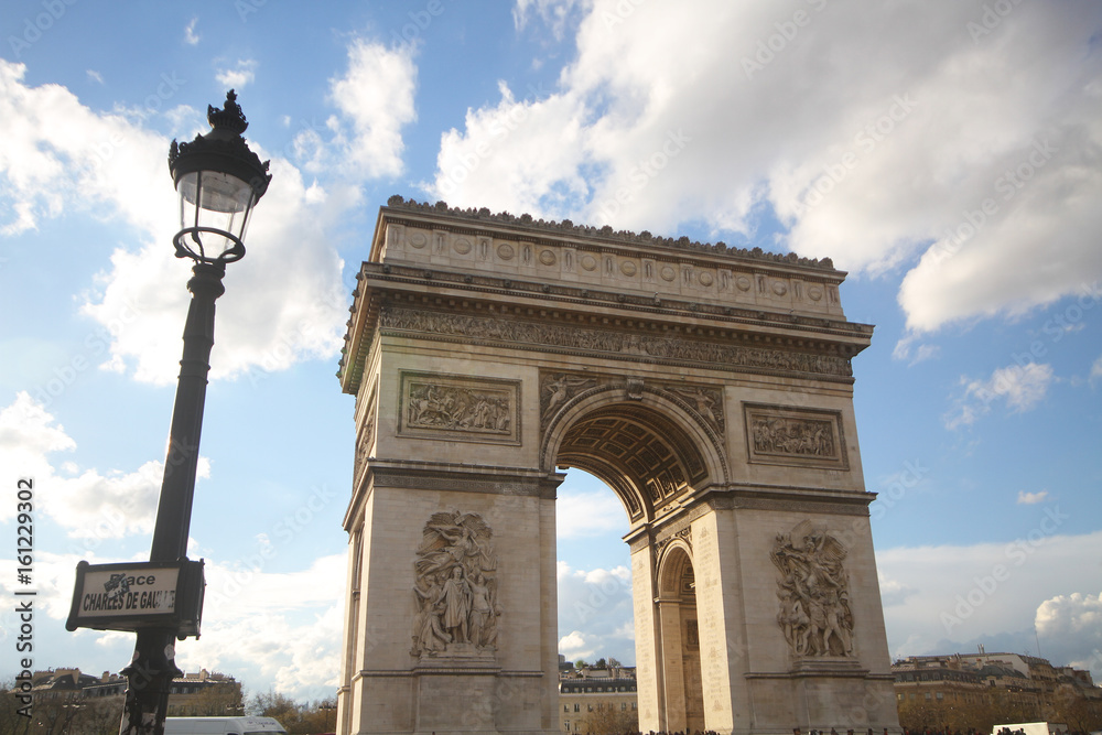 Obraz premium one of the most attractive landmark for tourism at Paris, France, Arc de Triomphe, europe, sunny day, wonderful, ancient monument, wallpaper, postcard, 