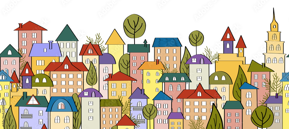Seamless banner background with rows of colorful cartoon houses Seamless banner background with rows of colorful cartoon houses