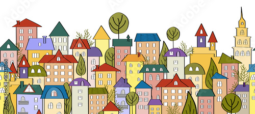 Seamless banner background with rows of colorful cartoon houses
