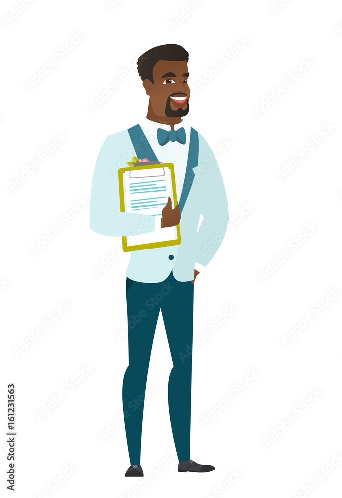 Groom holding clipboard with papers. Groom holding clipboard with papers.