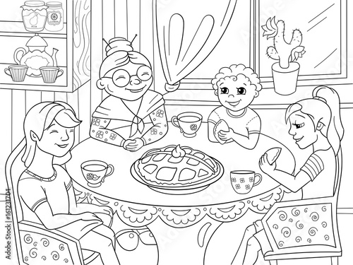 Coloring book Grandmother is sitting at the table. Grandchildren came to visit