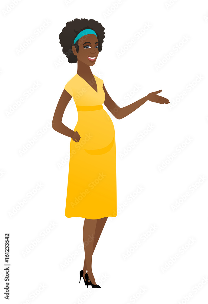 Pregnant woman with arm out in a welcoming gesture Pregnant woman with arm out in a welcoming gesture