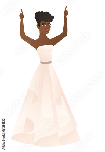 Fiancee standing with raised arms up.
