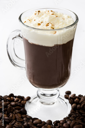 Irish coffee in glass isolated on white background 