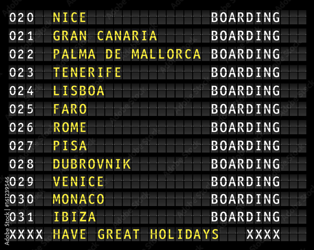 Fototapeta premium airport flight information display, european holiday travel destinations. vector