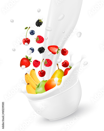 Colorful fresh fruit  falling into the milk splash. Vector illustration