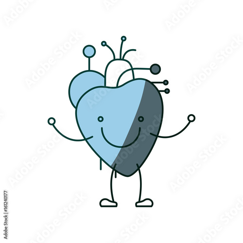 blue color shading silhouette caricature with happy face circulatory system with heart vector illustration