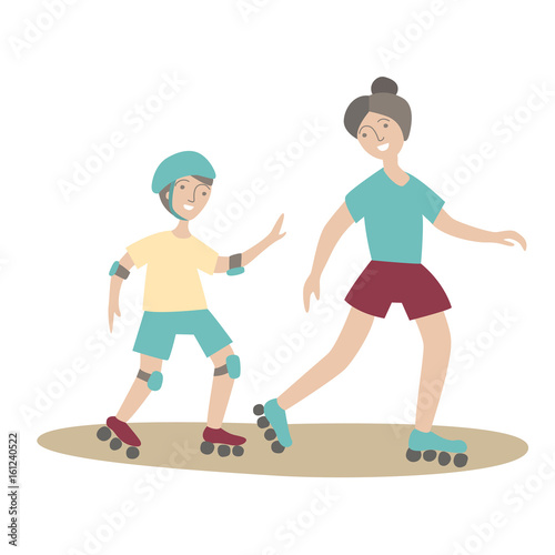 Mother and son on roller skates. Family Sports and physical activity with children, joint active recreation. Vector illustration in flat style, isolated on white background.