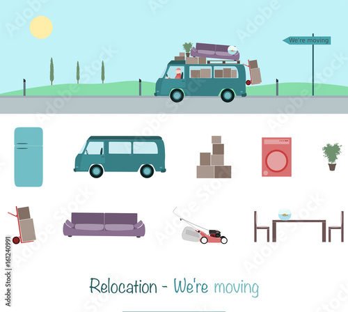 Relocation. Mini van charged with boxes and couch. Sign : We’re moving.