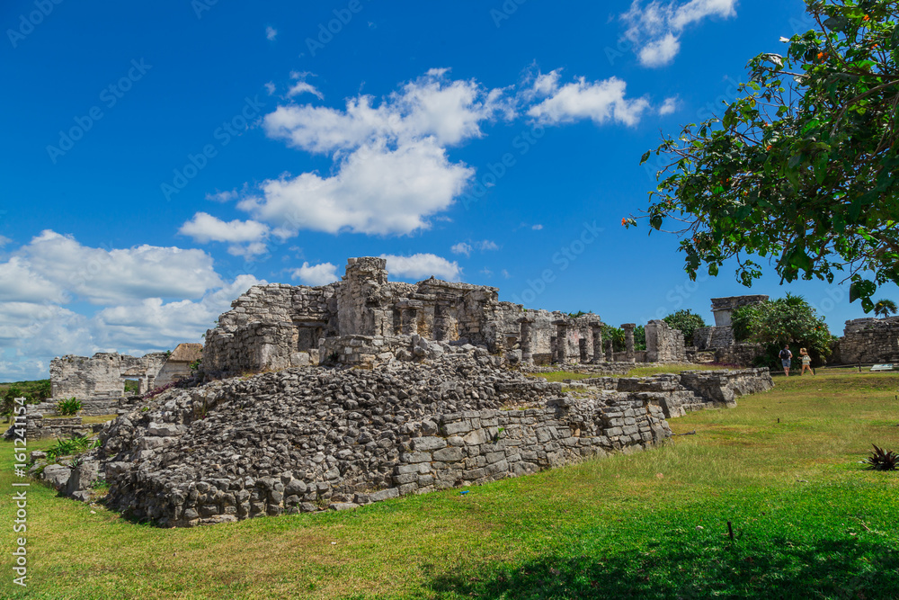 Tulum beach in the Caribbean Sea. Ruins of Tulum, Mayan Temple, Tulum, Riviera Maya, Yucatan, Mexico