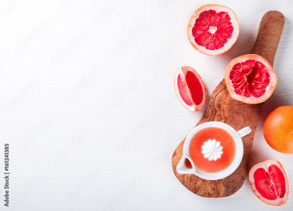 Juice on a White Background.Grapefruit. Breakfast.Food or Healthy diet Concept.Copy space for Text. selective focus.