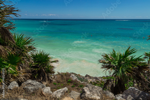 Tulum beach in the Caribbean Sea. Ruins of Tulum  Mayan Temple  Tulum  Riviera Maya  Yucatan  Mexico