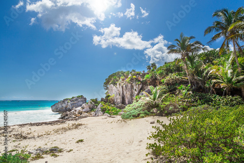 Tulum beach in the Caribbean Sea. Ruins of Tulum, Mayan Temple, Tulum, Riviera Maya, Yucatan, Mexico