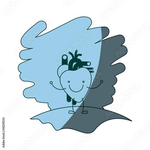blue color shading scene in grass with silhouette caricature happy face heart system human body vector illustration
