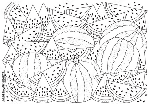 Pattern for coloring with Watermelon. A4 size. Black and white vector illustration. Slice of watermelon. Doodle style.