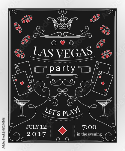 Las Vegas party invitation on chalkboard with decorative elements. Vintage vector illustration