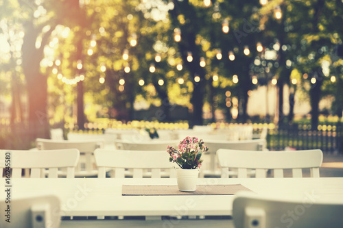 romantic outdoor restaurant in park with string lights at sunset