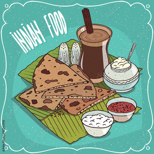 Traditional food, dish of Indian cuisine, pieces of flatbread with sauces like chutney and curd cheese, on banana leaf plate and masala chai tea. Hand drawn comic style