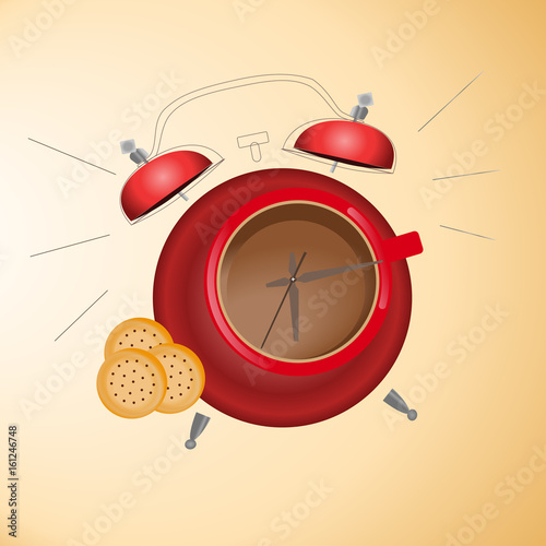 Cup of coffee time clock concept design and biscuit. morning breakfast. vector illustration.