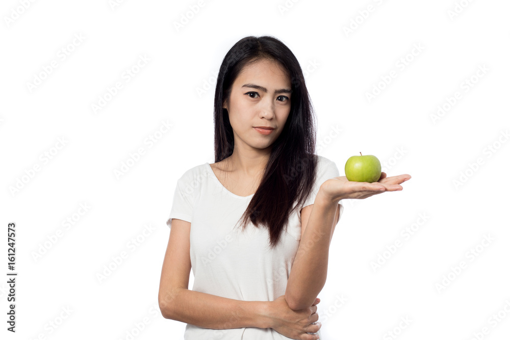 asian young woman healthy holding green apples on white background asian young woman healthy holding green apples on white background