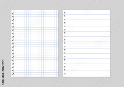Set of two realistic vector illustration of blank sheets of square and lined paper from a block isolated on a gray background with shadows