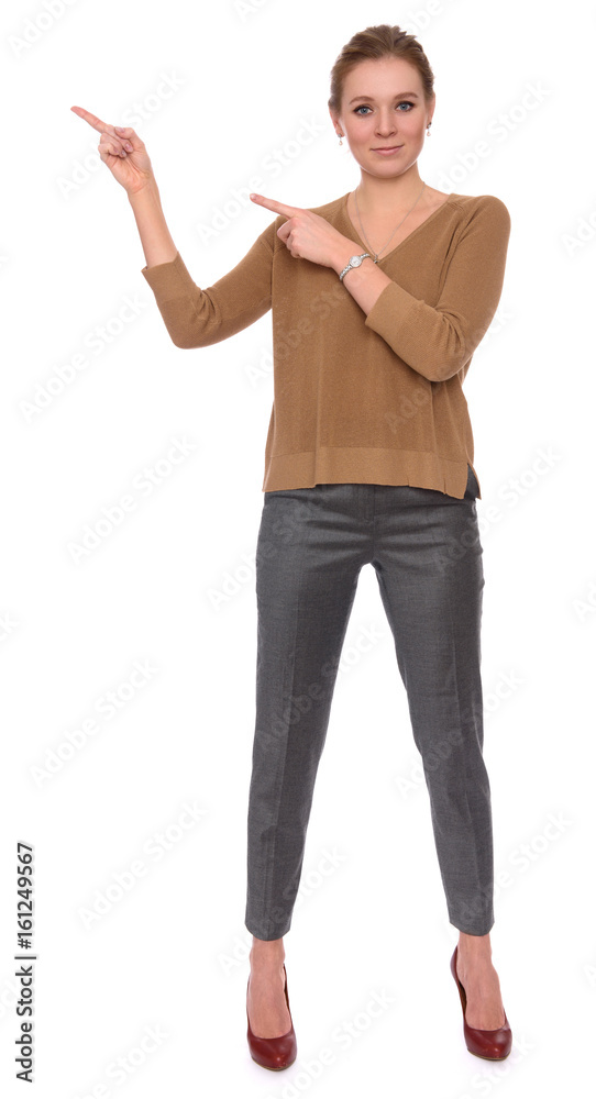 Full length portrait of a casual woman pointing finger