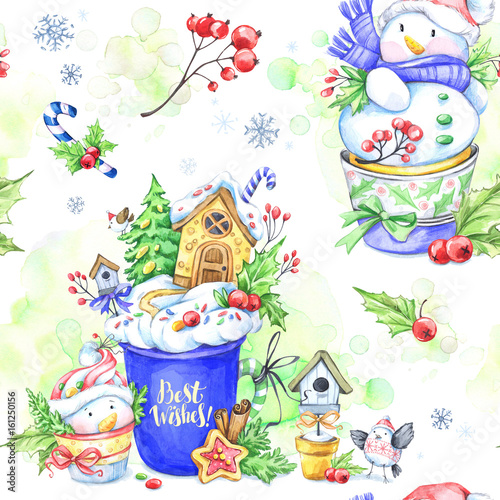 Watercolor seamless pattern with a cup of cream, gingerbread and fairy-tale snowmens.