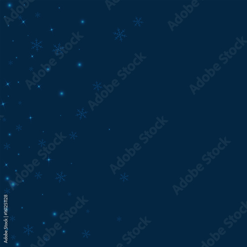 Sparse glowing snow. Scatter left gradient on deep blue background. Vector illustration.