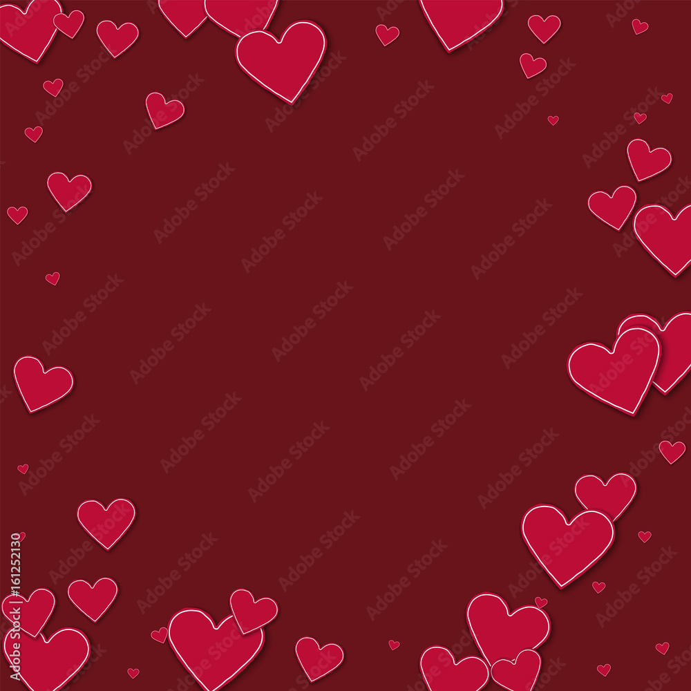 Cutout red paper hearts. Bordered frame on wine red background. Vector illustration.