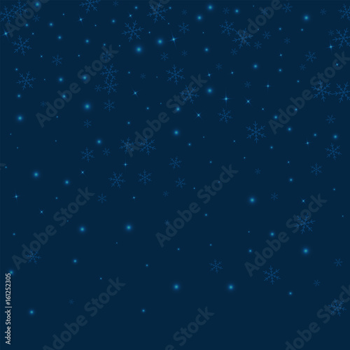 Sparse glowing snow. Top gradient on deep blue background. Vector illustration.