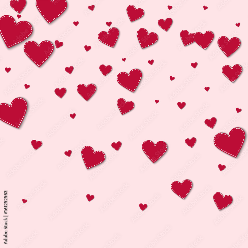 Red stitched paper hearts. Top gradient on light pink background. Vector illustration.