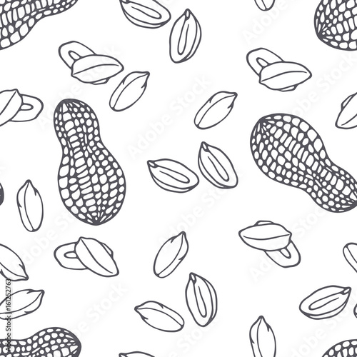 Hand drawn outline seamless pattern with peanuts. Black and white food background
