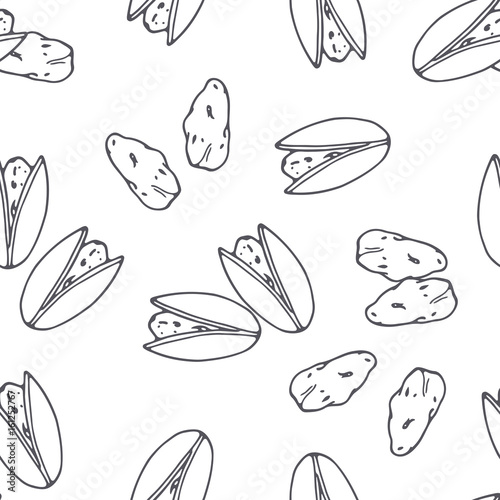 Hand drawn outline seamless pattern with pistachio. Black and white food background