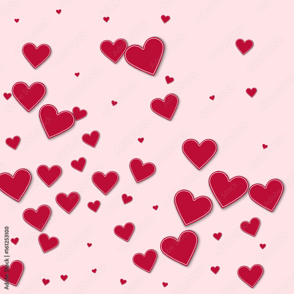 Cutout red paper hearts. Abstract mess on light pink background. Vector illustration.